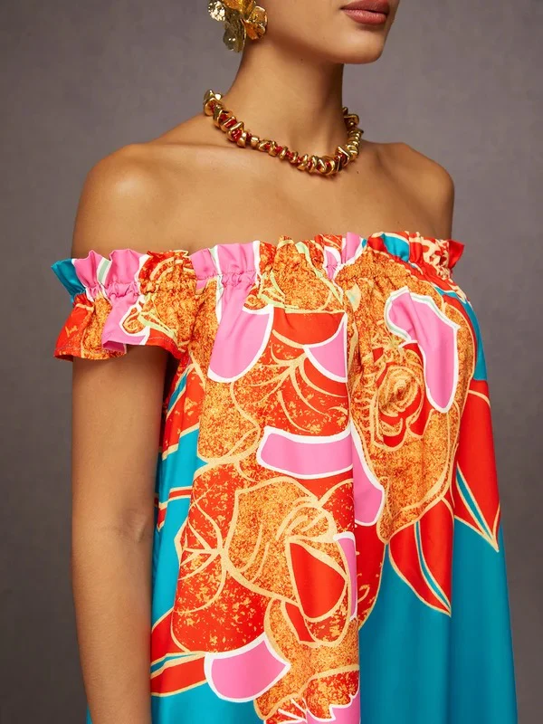 A-Line Loose Elasticity Flower Print Pleated Split-Joint Off-The-Shoulder Maxi Dresses - Image 8