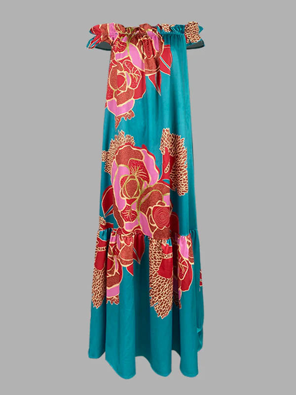 A-Line Loose Elasticity Flower Print Pleated Split-Joint Off-The-Shoulder Maxi Dresses - Image 9
