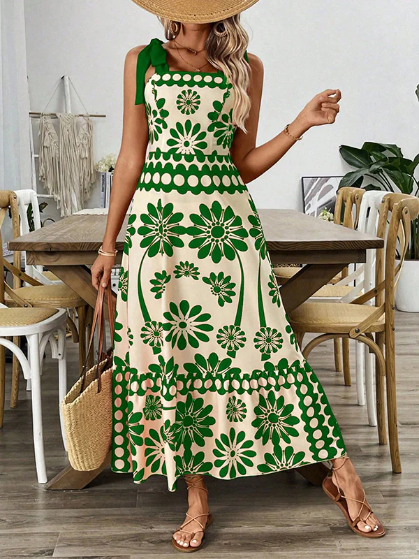 A-Line Loose Elasticity Flower Print Pleated Tied Spaghetti-Neck Midi Dresses - Image 2