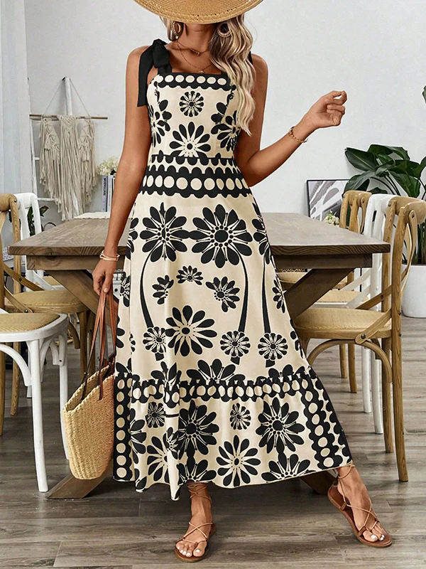 A-Line Loose Elasticity Flower Print Pleated Tied Spaghetti-Neck Midi Dresses - Image 3