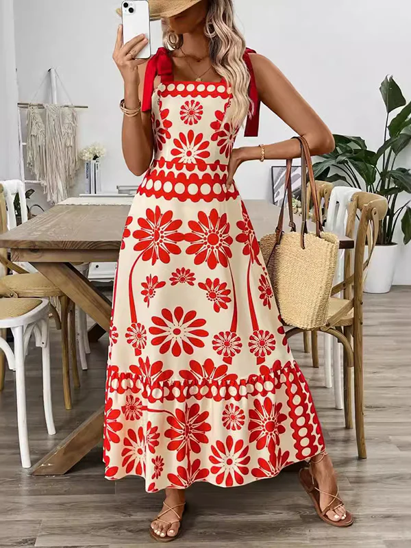 A-Line Loose Elasticity Flower Print Pleated Tied Spaghetti-Neck Midi Dresses - Image 4