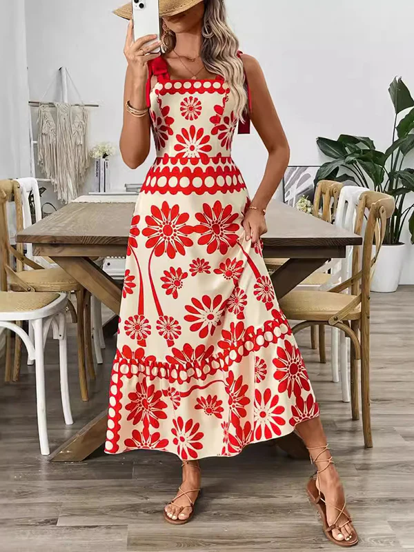 A-Line Loose Elasticity Flower Print Pleated Tied Spaghetti-Neck Midi Dresses - Image 5