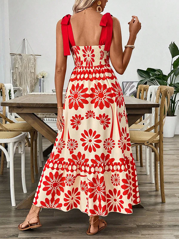 A-Line Loose Elasticity Flower Print Pleated Tied Spaghetti-Neck Midi Dresses - Image 6