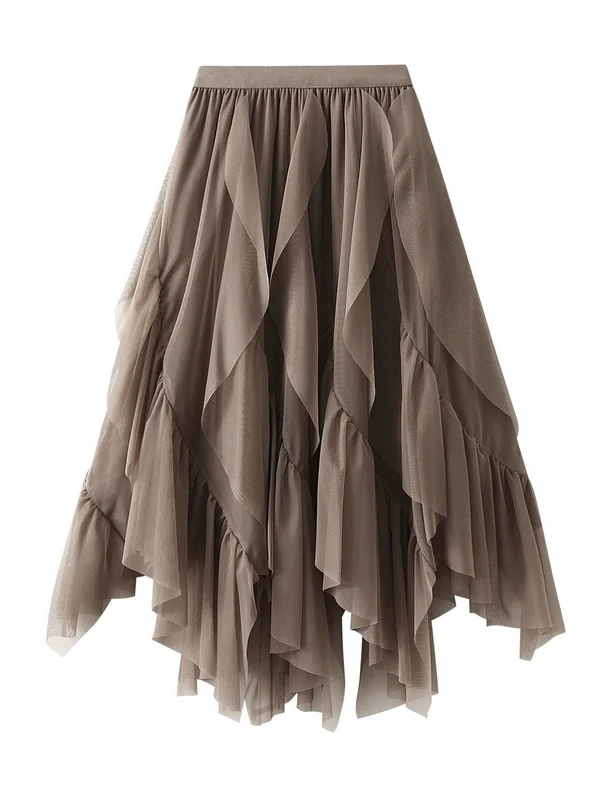 A-Line Loose Elasticity Gauze Pleated Solid Color Split-Joint Skirts - Image 2