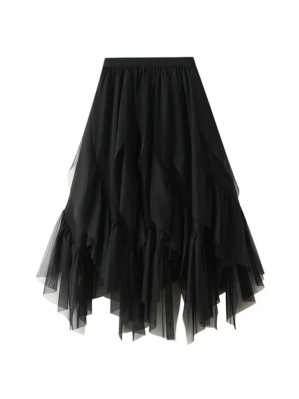 A-Line Loose Elasticity Gauze Pleated Solid Color Split-Joint Skirts - Image 3