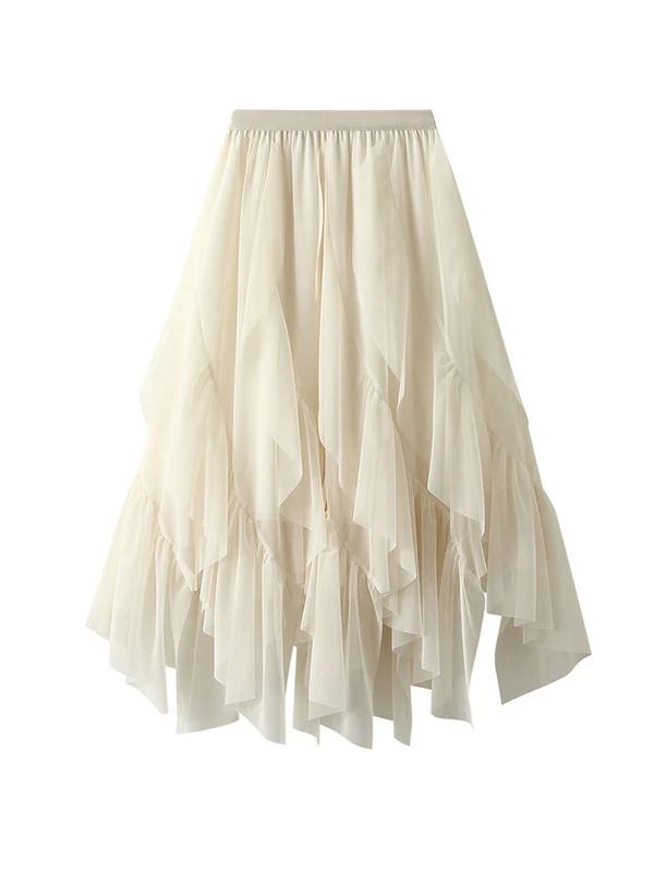 A-Line Loose Elasticity Gauze Pleated Solid Color Split-Joint Skirts - Image 4