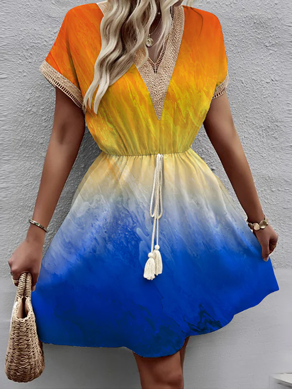 A-Line Loose Elasticity Gradient Hollow Split-Joint Tasseled Tied Waist V-Neck Mini Dresses - Image 3