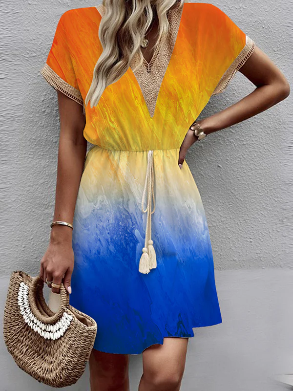 A-Line Loose Elasticity Gradient Hollow Split-Joint Tasseled Tied Waist V-Neck Mini Dresses - Image 4