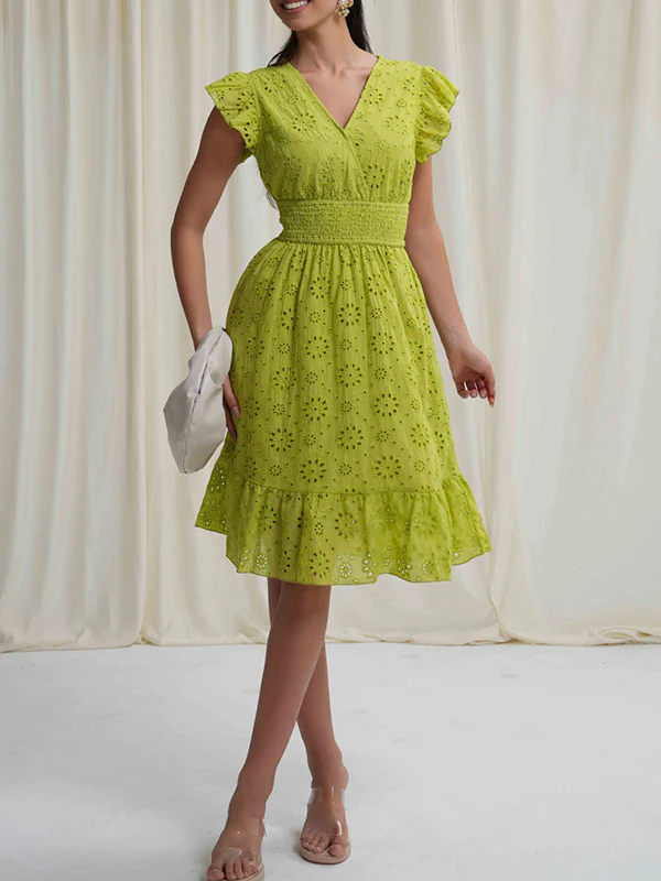 A-Line Loose Elasticity Hollow Pleated Solid Color V-Neck Mini Dresses - Image 10