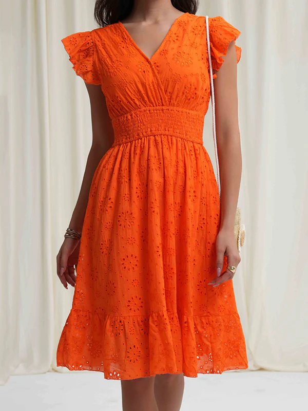 A-Line Loose Elasticity Hollow Pleated Solid Color V-Neck Mini Dresses - Image 11