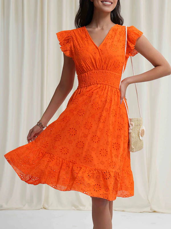 A-Line Loose Elasticity Hollow Pleated Solid Color V-Neck Mini Dresses - Image 12
