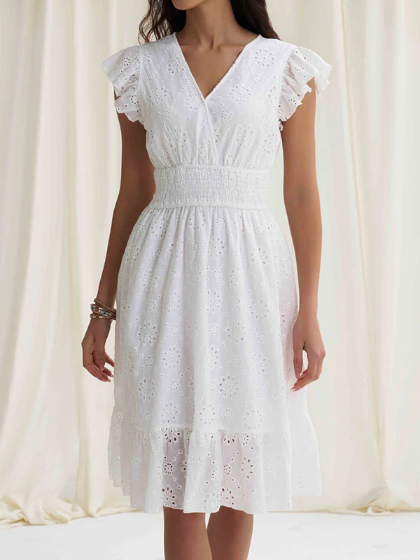 A-Line Loose Elasticity Hollow Pleated Solid Color V-Neck Mini Dresses - Image 2