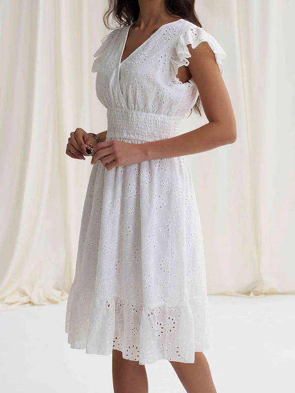 A-Line Loose Elasticity Hollow Pleated Solid Color V-Neck Mini Dresses - Image 3