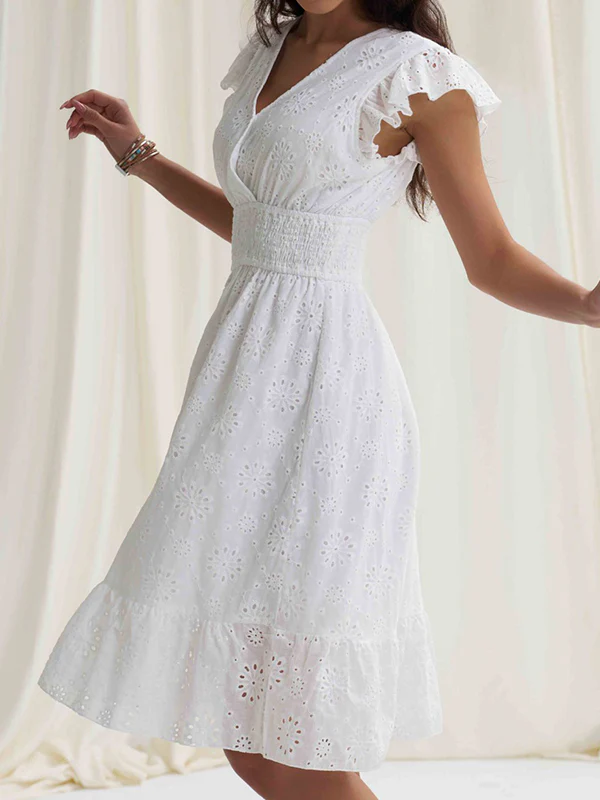 A-Line Loose Elasticity Hollow Pleated Solid Color V-Neck Mini Dresses - Image 5