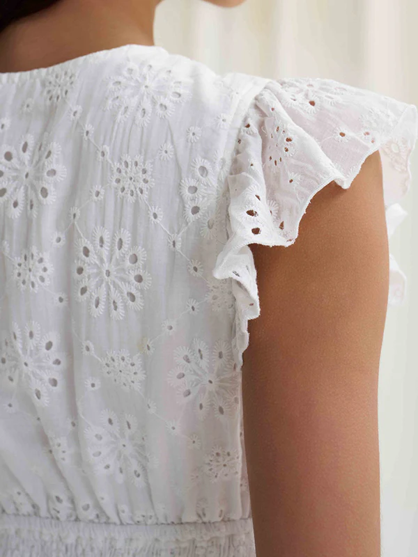 A-Line Loose Elasticity Hollow Pleated Solid Color V-Neck Mini Dresses - Image 6