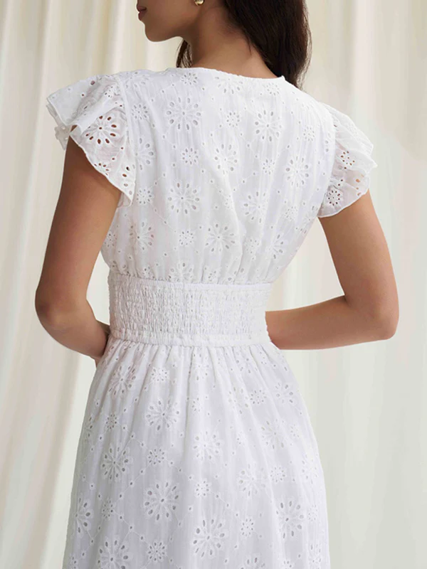 A-Line Loose Elasticity Hollow Pleated Solid Color V-Neck Mini Dresses - Image 7