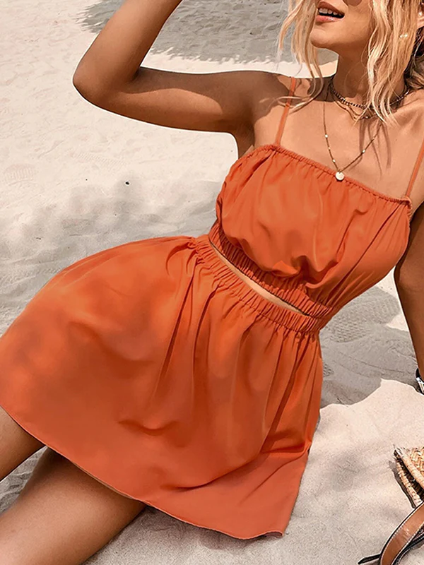 A-Line Loose Elasticity Hollow Solid Color Split-Joint Spaghetti-Neck Mini Dresses - Image 4
