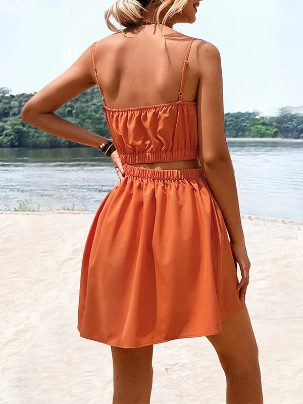 A-Line Loose Elasticity Hollow Solid Color Split-Joint Spaghetti-Neck Mini Dresses - Image 5