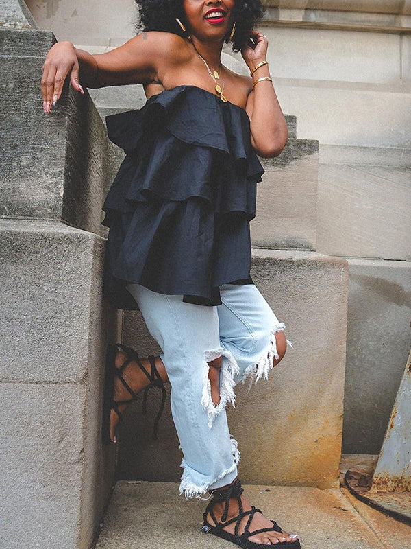A-Line Loose Elasticity Layered Ruffled Solid Color Tube Vest Top - Image 9