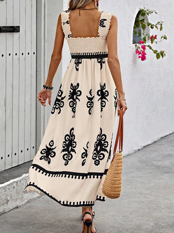 A-Line Loose Elasticity Pleated Printed Split-Joint Square-Neck Maxi Dresses - Image 10