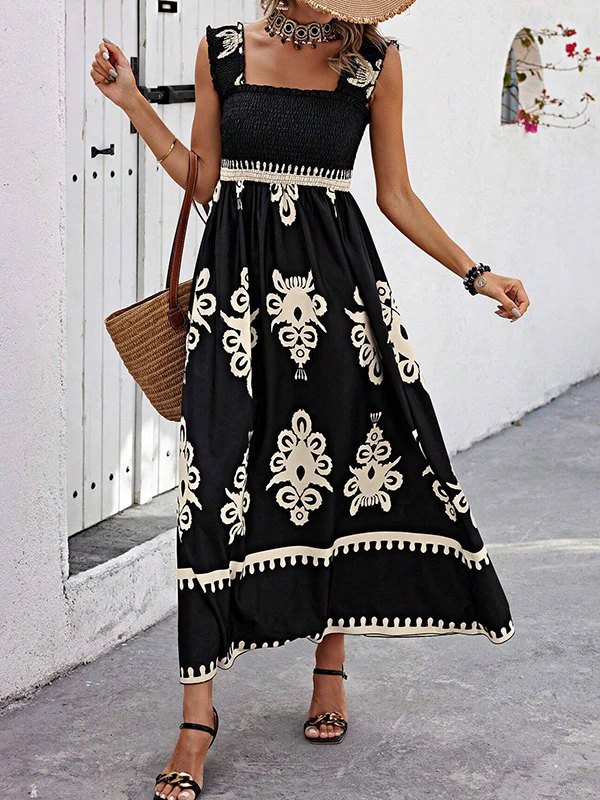 A-Line Loose Elasticity Pleated Printed Split-Joint Square-Neck Maxi Dresses - Image 11