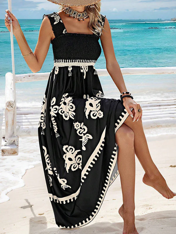 A-Line Loose Elasticity Pleated Printed Split-Joint Square-Neck Maxi Dresses - Image 12