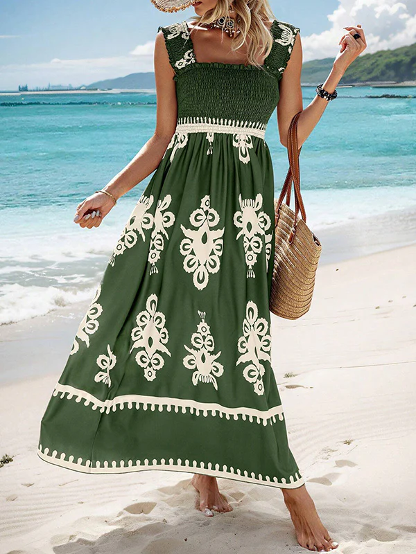 A-Line Loose Elasticity Pleated Printed Split-Joint Square-Neck Maxi Dresses - Image 2