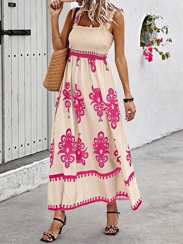 A-Line Loose Elasticity Pleated Printed Split-Joint Square-Neck Maxi Dresses - Image 3