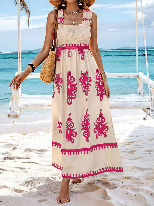 A-Line Loose Elasticity Pleated Printed Split-Joint Square-Neck Maxi Dresses - Image 4