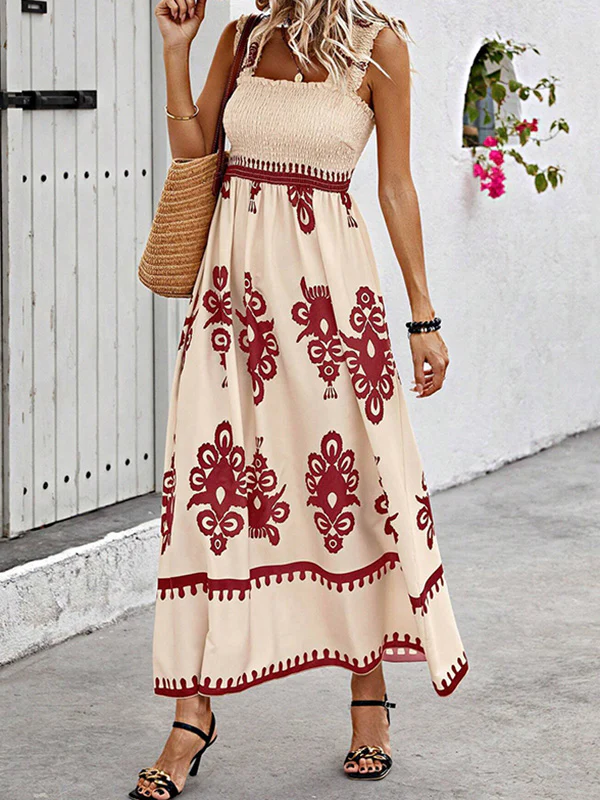 A-Line Loose Elasticity Pleated Printed Split-Joint Square-Neck Maxi Dresses - Image 5
