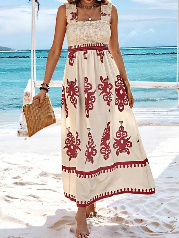 A-Line Loose Elasticity Pleated Printed Split-Joint Square-Neck Maxi Dresses - Image 6