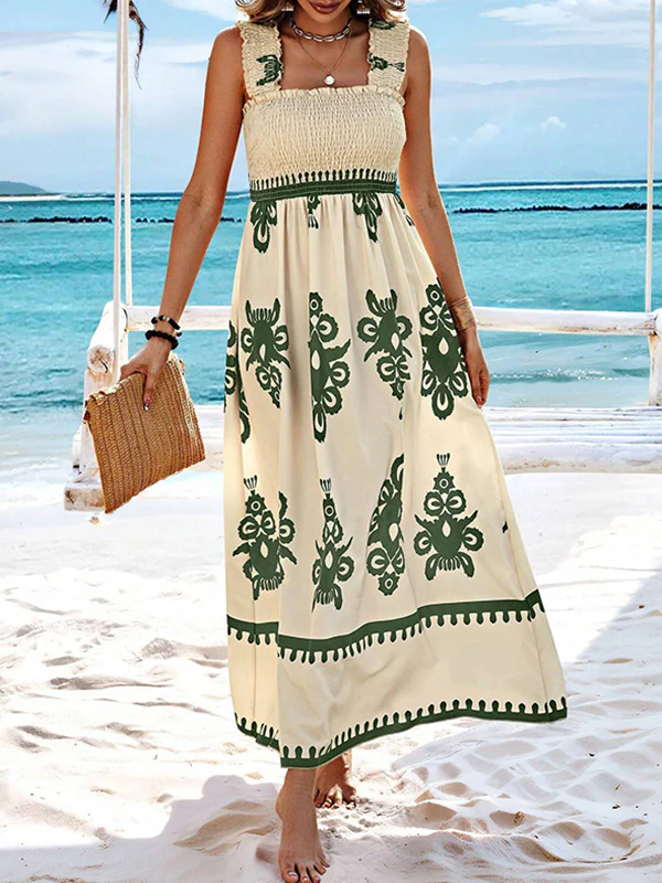 A-Line Loose Elasticity Pleated Printed Split-Joint Square-Neck Maxi Dresses - Image 7