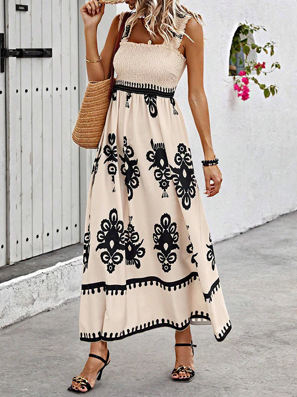 A-Line Loose Elasticity Pleated Printed Split-Joint Square-Neck Maxi Dresses - Image 8
