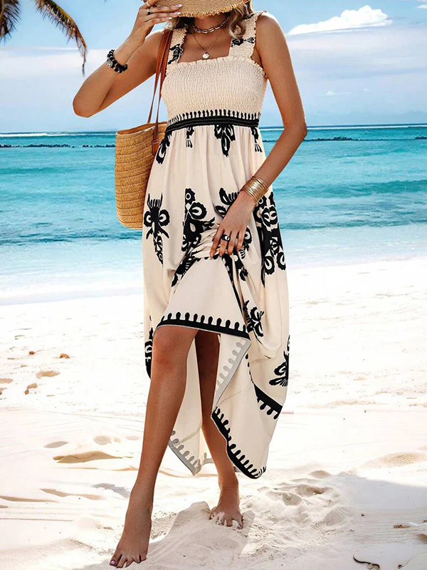 A-Line Loose Elasticity Pleated Printed Split-Joint Square-Neck Maxi Dresses - Image 9