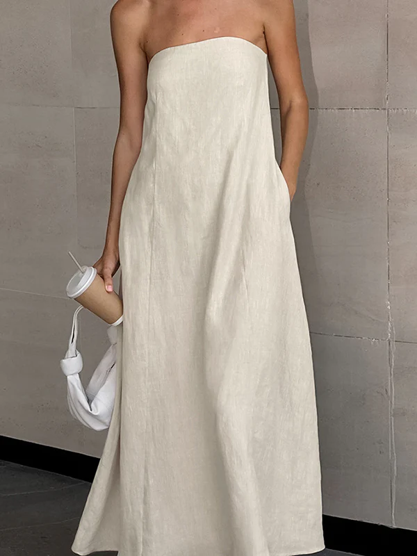 A-Line Loose Elasticity Pockets Solid Color Zipper Tube Maxi Dresses - Image 2
