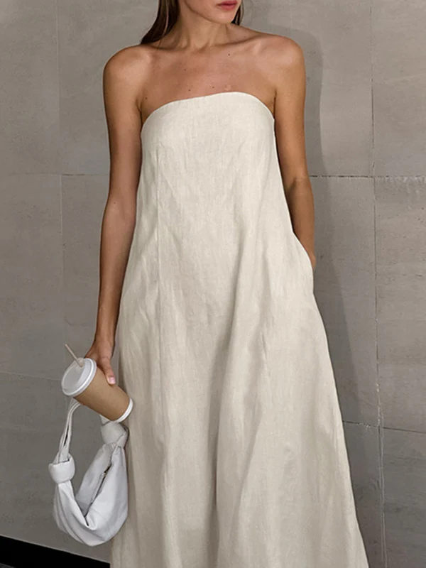 A-Line Loose Elasticity Pockets Solid Color Zipper Tube Maxi Dresses - Image 3