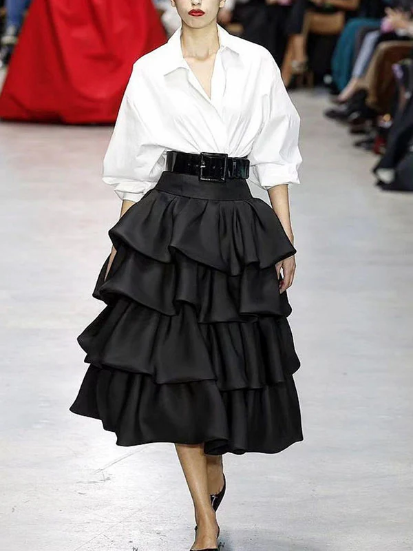 A-Line Loose Falbala Layered Solid Color Skirts Bottoms - Image 2