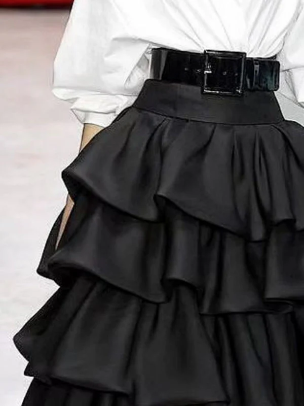 A-Line Loose Falbala Layered Solid Color Skirts Bottoms - Image 3