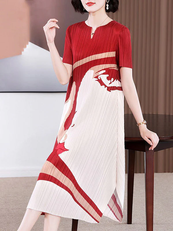 A-Line Loose Figure Pleated V-Neck Midi Dresses - Image 3