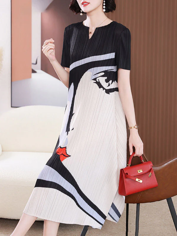 A-Line Loose Figure Pleated V-Neck Midi Dresses - Image 4