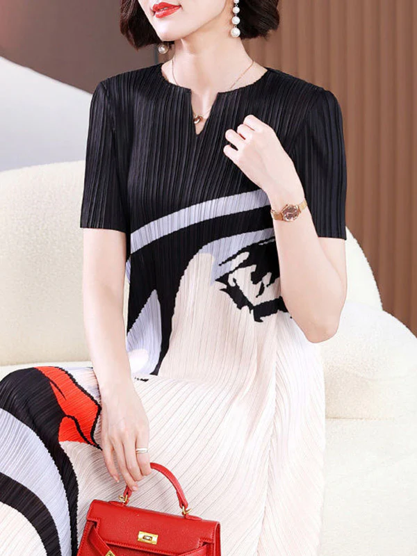 A-Line Loose Figure Pleated V-Neck Midi Dresses - Image 5
