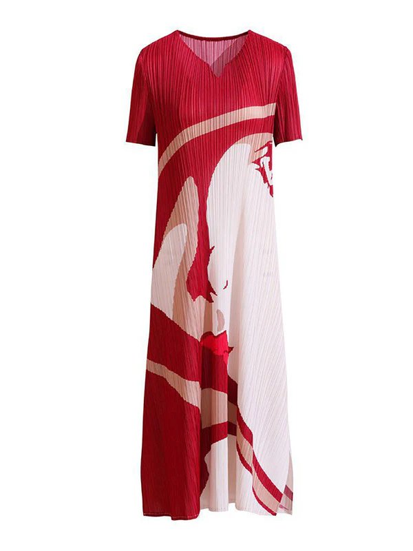 A-Line Loose Figure Pleated V-Neck Midi Dresses - Image 6