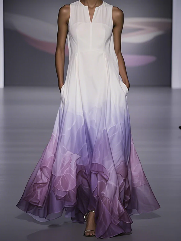 A-Line Loose Floral Printed Gradient Split-Joint V-Neck Maxi Dresses
