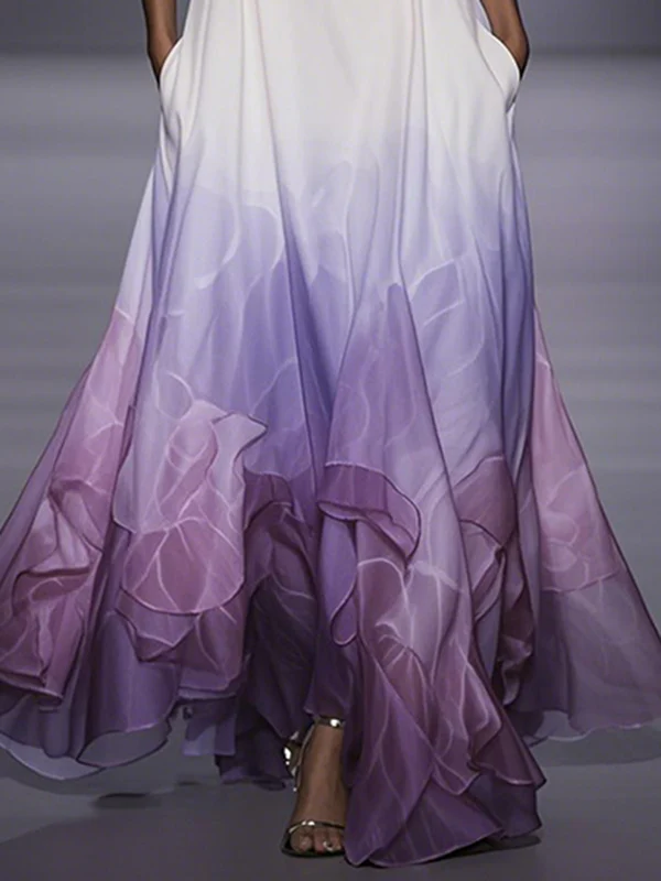 A-Line Loose Floral Printed Gradient Split-Joint V-Neck Maxi Dresses - Image 3