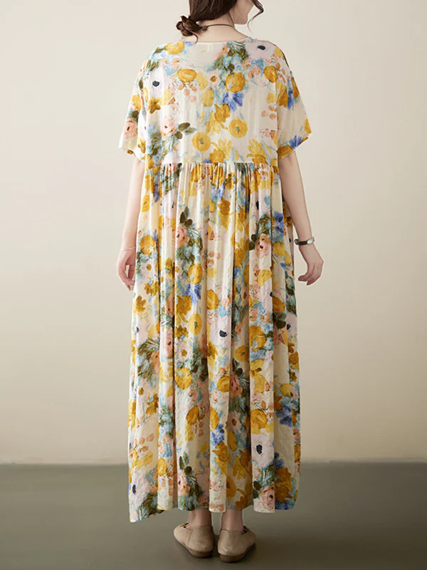 A-Line Loose Floral Printed Round-Neck Midi Dresses - Image 10