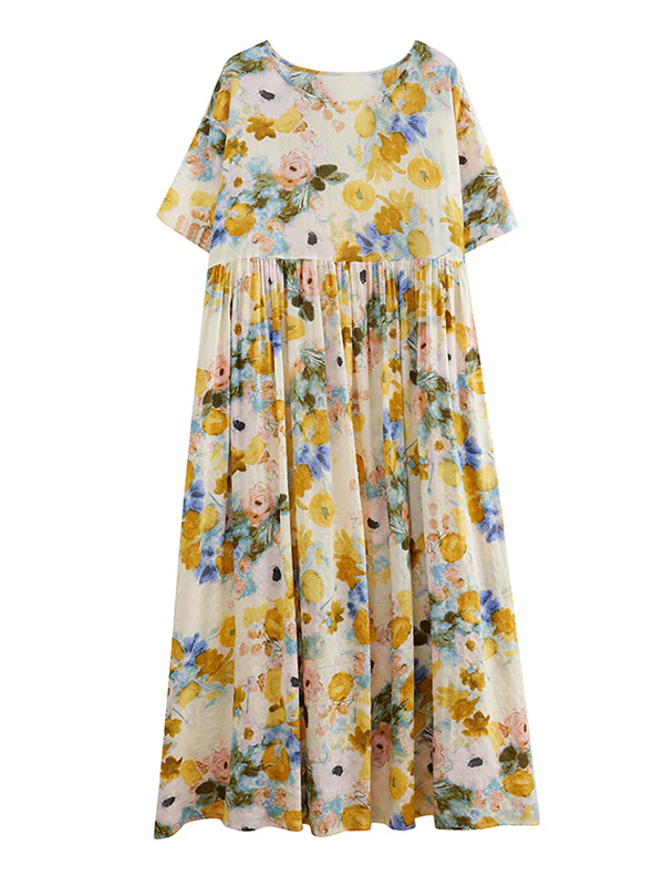 A-Line Loose Floral Printed Round-Neck Midi Dresses - Image 11