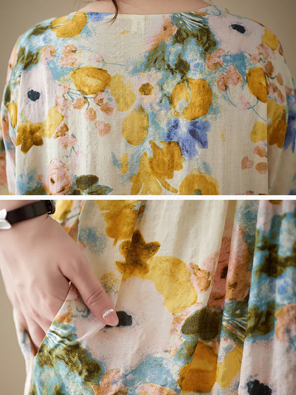 A-Line Loose Floral Printed Round-Neck Midi Dresses - Image 13