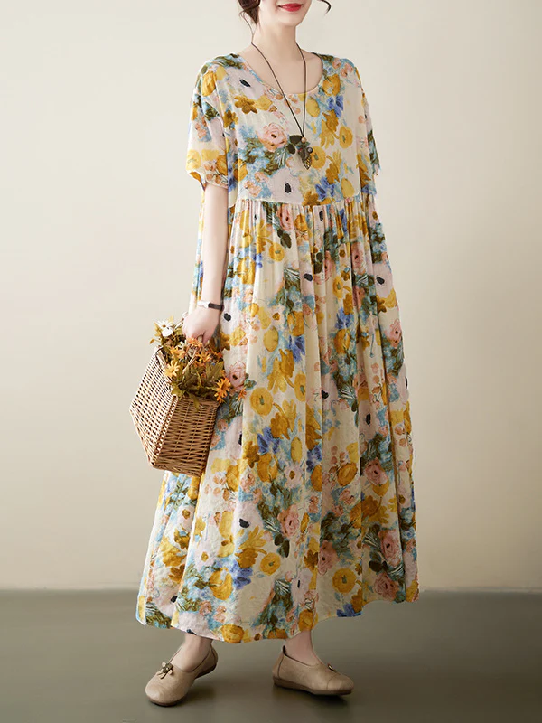 A-Line Loose Floral Printed Round-Neck Midi Dresses - Image 2