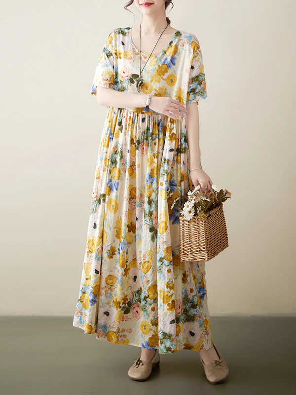 A-Line Loose Floral Printed Round-Neck Midi Dresses - Image 3
