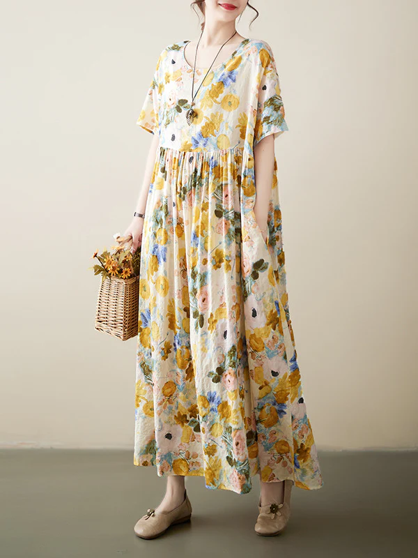 A-Line Loose Floral Printed Round-Neck Midi Dresses - Image 4